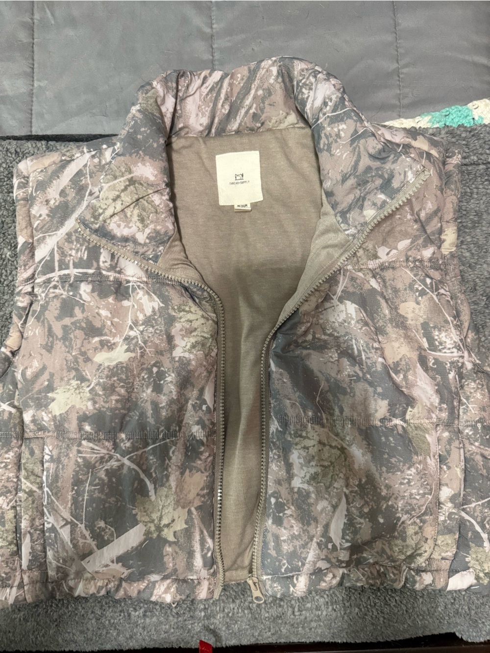 Thread & Supply Camo Puffer Vest in Brown and Green